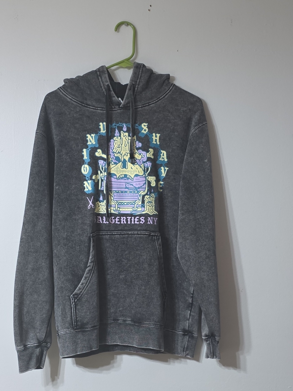 Men's Black Washed Graphic Hoodie with Neon Print